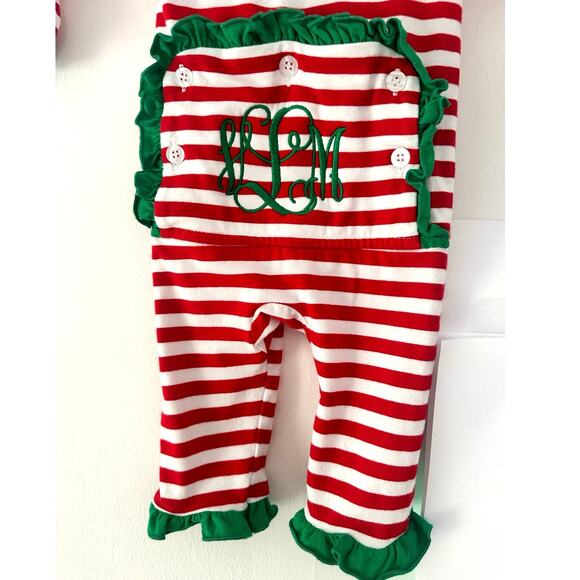 Cecil & Lou Christmas Red Stripe Ruffle Zipper Pajamas custom monogram VLM Sz6m - Picture 3 of 5